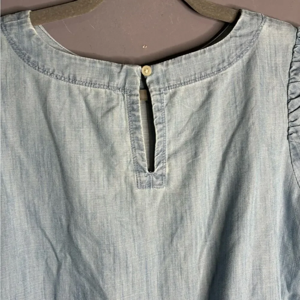 LOFT Short Puff Sleeve Denim Shirt High Round Neck Small Petite